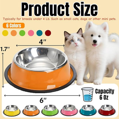 6 Pack Stainless Steel Cat Bowl, 6 Oz Mini Non-Slip Puppy Dog Feeding Bowl with Rubber Base, Small Reusable Shallow Pet Feeder Water Food Dishes for Breeds Under 4 LB (XS)