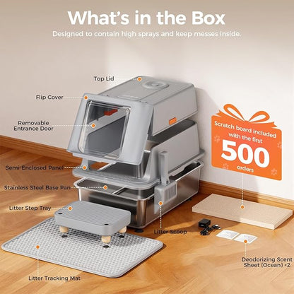GTPLAYER XXL Stainless Steel Cat Litter Box with Lid, Smart Odor Control Enclosed Litter Box for Cats, Infrared Sensor Auto Pause, Non-Stick Anti-Leak High-Sided, with Mat, Scoop & Step, Grey