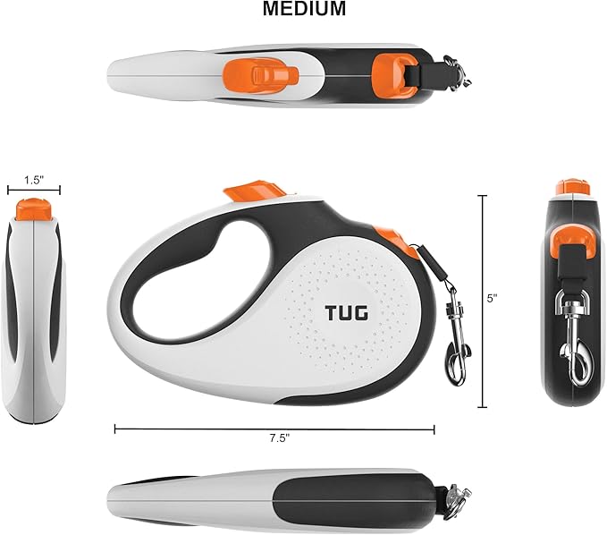 TUG 360° Tangle-Free Retractable Dog Leash with Waste Bag Dispenser (Medium, White/Orange)
