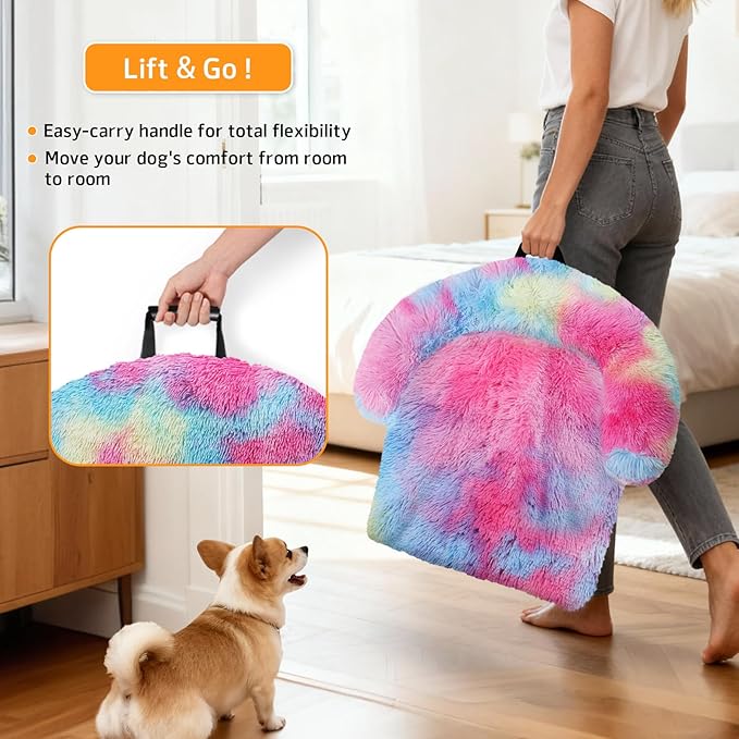 GGIB Calming Dog Bed Fluffy Plush Dog Mat for Furniture Protector with Removable Washable Cover for Large Medium Small Dogs and Cats (Extra Large (53x39.3x6), Rainbow)