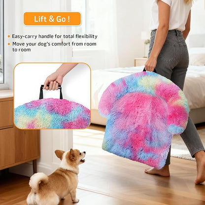 GGIB Calming Dog Bed Fluffy Plush Dog Mat for Furniture Protector with Removable Washable Cover for Large Medium Small Dogs and Cats (Extra Large (53x39.3x6), Rainbow)