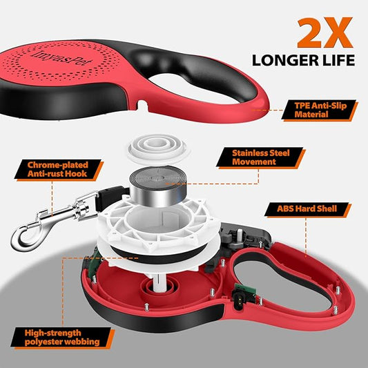 Upgraded Retractable Dog Leash with Chew Proof Extender, Pet Walking Leashes with Poop Bag Holder, 16Ft Heavy Duty Retractable Pet Leash for Medium Large Dogs up to 110lbs, Anti-Slip Grip