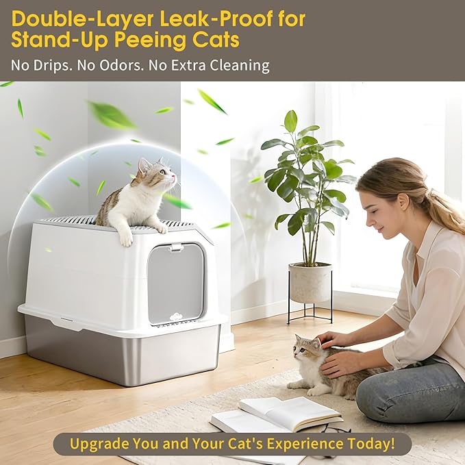 Enclosed Stainless Steel Litter Box, Large Metal Litter Box with Lid, Front & Top Entry, Odor Control & Dog Proof, Scratch-Resistant, Easy Clean (White)
