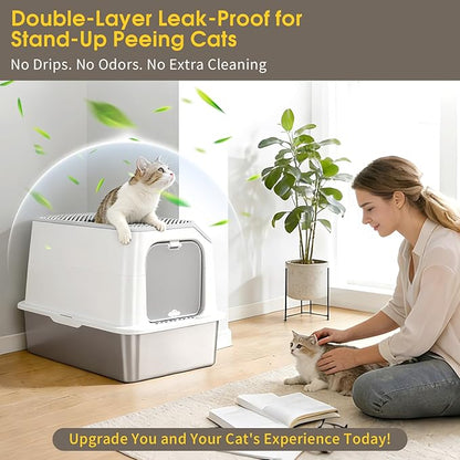 Enclosed Stainless Steel Litter Box, Large Metal Litter Box with Lid, Front & Top Entry, Odor Control & Dog Proof, Scratch-Resistant, Easy Clean (White)