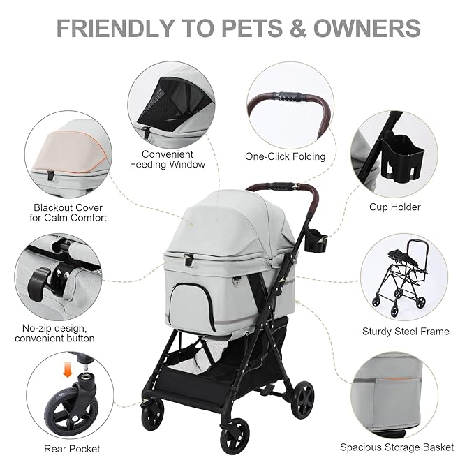 NO-Zip Pet Stroller for Small Dogs & Cats, Lightweight Dog Stroller with Reflective Safety Strips, One-Hand Fold, Claw-Proof Mesh, Breathable Travel Carriage, 33lbs Capacity, Gray