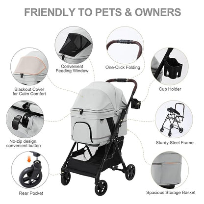 NO-Zip Pet Stroller for Small Dogs & Cats, Lightweight Dog Stroller with Reflective Safety Strips, One-Hand Fold, Claw-Proof Mesh, Breathable Travel Carriage, 33lbs Capacity, Gray