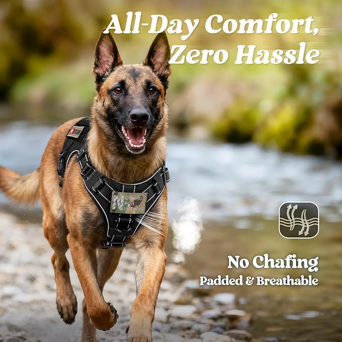 rabbitgoo Tactical Dog Harness for Large Dogs, No Pull Upgraded Reflective Heavy Duty Molle Vest with Handle, Adjustable Military Service Dog Vest for Walking Hiking Training, Black, XL