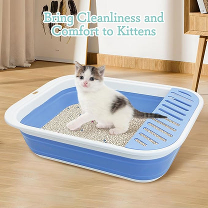 Fhiny Kitten Litter Box Portable Shallow Litter Box 17.7"x13.4"x4.9" Foldable Cat Toilet with Scoop Open Kitty Potty Pan with Litter Drop Pedal Easy to Clean Travel Kitten Toilet(Blue)