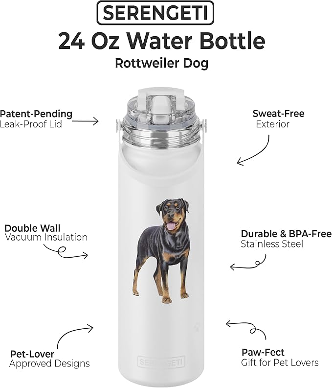 SERENGETI 24 Oz Water Bottle Stainless Steel with Spill Proof Lid - Double walled Vacuum Insulated water flask - Realistic 3D Print of your favorite dog (Rottweiler)