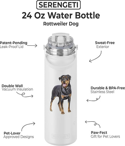 SERENGETI 24 Oz Water Bottle Stainless Steel with Spill Proof Lid - Double walled Vacuum Insulated water flask - Realistic 3D Print of your favorite dog (Rottweiler)