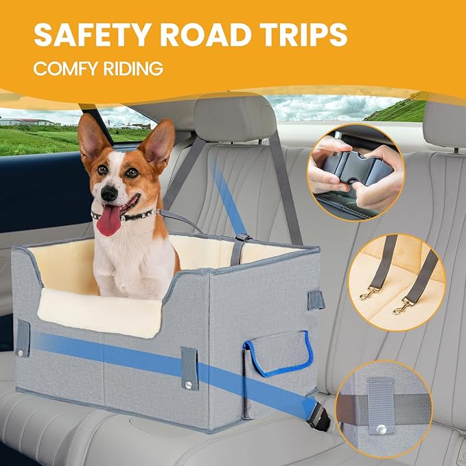 Dog Car Seat for Small Dogs, Elevated Dog Booster Seat Pet Travel Carrier Bed for Car with Adjustable Straps Pet Car Booster Seat for Small Dogs Cats
