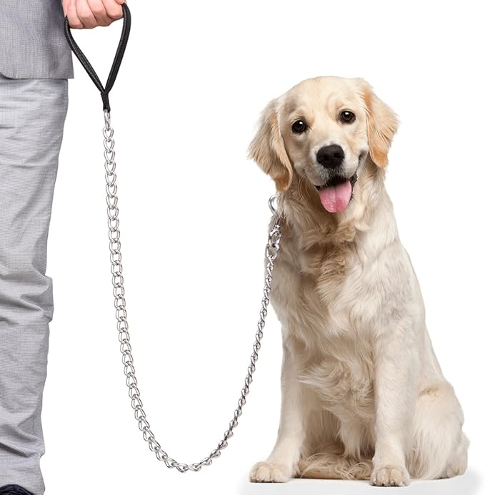 CtopoGo Premium Chain Heavy Duty Dog Leash - Soft Padded Leather Handle Lead - Perfect Basic Leashes Specifically Designed for Over 30KG Large Size Pets Walking (4 ft. x 5.0 mm (60-200 lbs.))