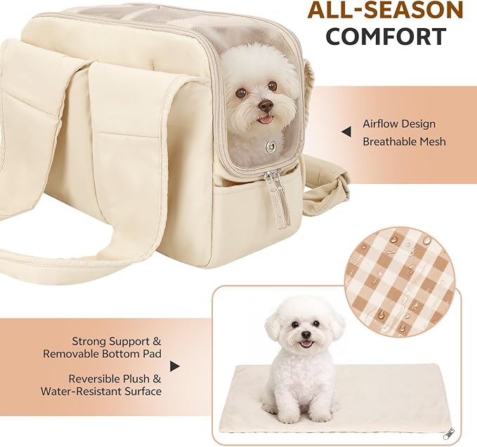 Dog Purse Carrier for Small Dogs and Cats, Soft-Sided Pet Tote Bag with 6 Large Pockets, Collapsible Travel Puppy Carrier, Fits Pets up to 16 lbs (Beige, 17.5" L x 8" W x 12" H)