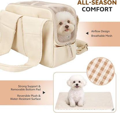 Dog Purse Carrier for Small Dogs and Cats, Soft-Sided Pet Tote Bag with 6 Large Pockets, Collapsible Travel Puppy Carrier, Fits Pets up to 16 lbs (Beige, 17.5" L x 8" W x 12" H)