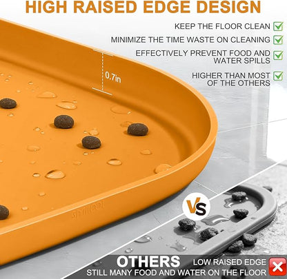 Silicone Pet Food Mat with Raised Edge for Food and Water Bowl, Dog Feeding Mats, Cat Food Trays for Floor Waterproof, Rubber Tray for Dogs and Cats, 19 x 12 x 0.7 Orange