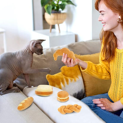 Distaratie Cat Toys 6 Pack Bread Catnip Toys Soft and Durable Chew Bite Resistant Toys for Teeth Cleaning Boredom Relief Interactive Soft Chew Kicker Cat Toys for Indoor Cats