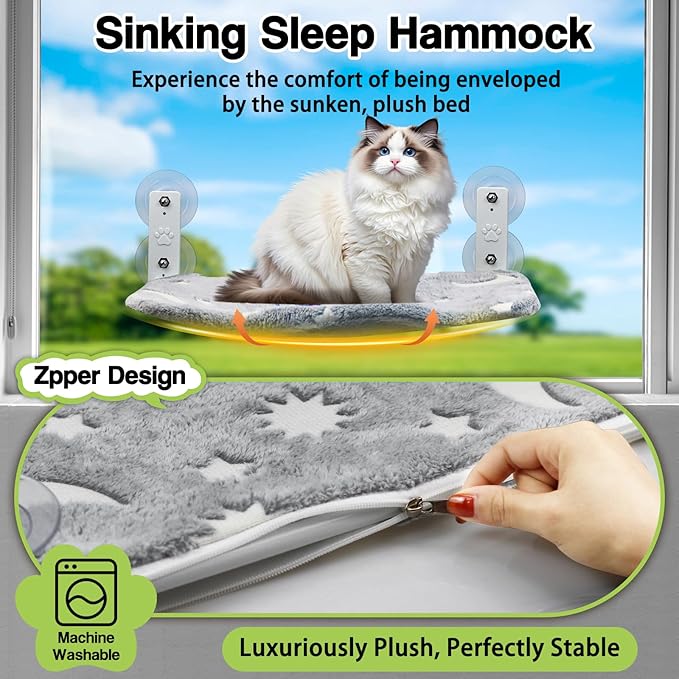 Cat Window Perch, Cordless Foldable Pet Hammock Bed Glow in The Dark, Glowing Stars & Moon Pattern Window Hammock for Overlooking for Kitten Removable Cover Cordless Window Bed for Indoor