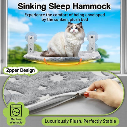 Cat Window Perch, Cordless Foldable Pet Hammock Bed Glow in The Dark, Glowing Stars & Moon Pattern Window Hammock for Overlooking for Kitten Removable Cover Cordless Window Bed for Indoor