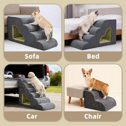 Dog Stairs for High Bed, Pet Stairs-6 Steps Up to 30" H High Bed with Tunnel 2 in 1 with Zippers Suitable, Non-Slip Balanced Indoor Pet Ramp for Dogs and Cats - Grey 6 Tiers