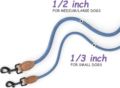 Mile High Life Small Dog Leash, Thin Rope Leash with Genuine Leather Connection and Heavy Duty Metal Clasp, Great for Small Medium Dogs(Blue White,72 Inch-1/3)