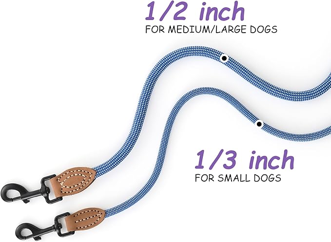 Mile High Life Small Dog Leash, Thin Rope Leash with Genuine Leather Connection and Heavy Duty Metal Clasp, Great for Small Medium Dogs(Blue White,48 Inch-1/3)
