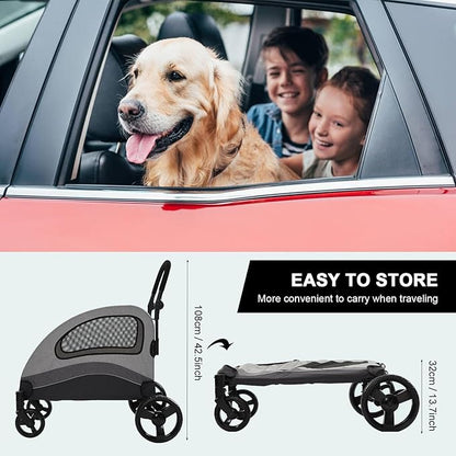XL Extra Large Dog Stroller, All-Terrain 4 Wheel for 2 Medium Dogs, One-Click Foldable, Adjustable Handles, Dual Entry Safety Dog Stroller, Capacity 88lbs (Gray)