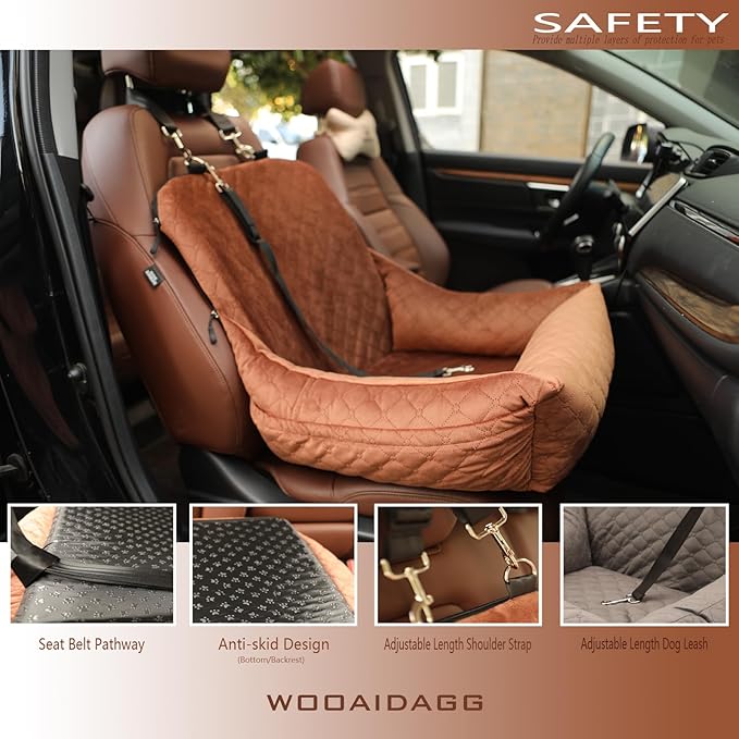 Wooaidagg Dog Car Seat for Small Dogs,Covered Soft Fabric and Fill in Memory Foam,Easy to Assemble and Fully Detachable,2 Clip-On Safety Leashes and Storage Pockets(Brown)