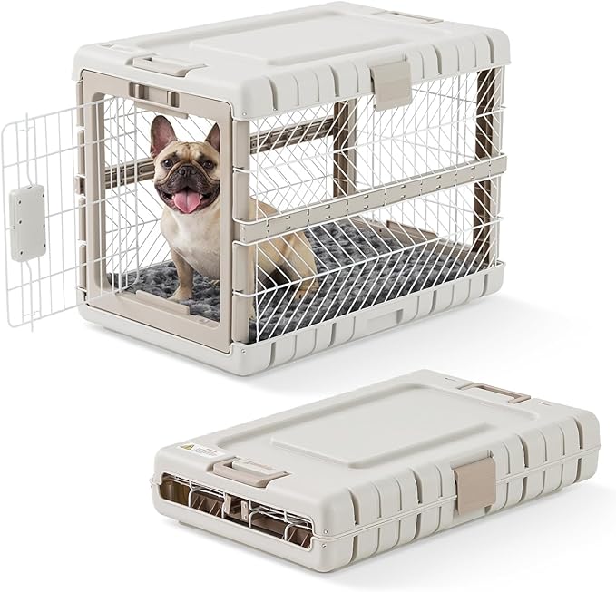 Collapsible Dog Crate with Bed Mat, 28'' Foldable Dog Kennel for Medium Dogs, Tool-Free Portable Cage with 2 Rolling Wheels & Handles, Pet Carrier for Indoor Outdoor