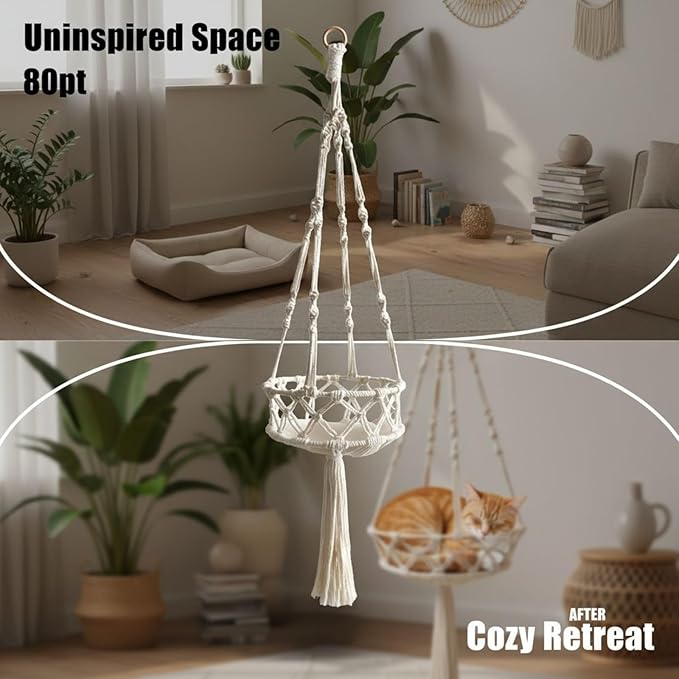 Ceiling Swing Cat Bed, Handwoven Hanging Cat Hammock, Boho Style, with Long-Lasting Cotton Rope and Iron Ring, Safe Half-Wrap Nest for Indoor Decor