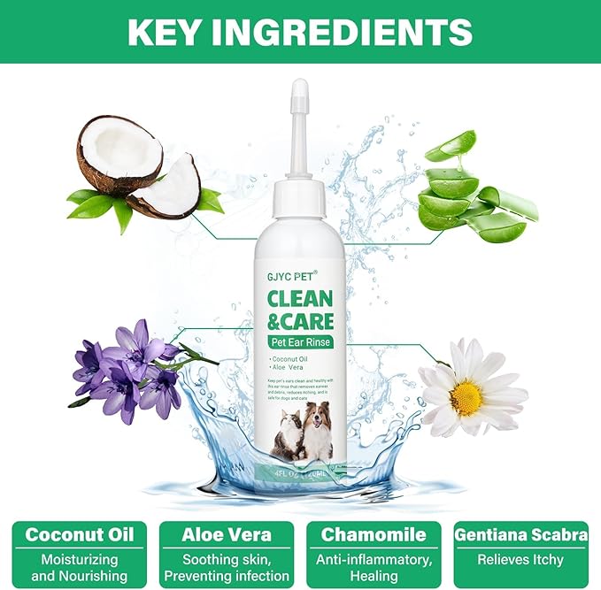 Ear Cleaner for Dogs and Cats with Flexible Long Tube- Ear Infection Treatment, Deep Canal Solution for Ear Mites, Infections, Itch, Wax & Smell, Safe Aloe Vera Formula, 4 oz