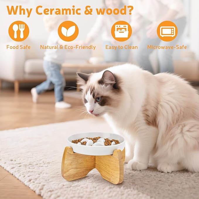 Raised Slow Feeder Cat Bowl with Stand, 6.3'' Wide Ceramic Elevated Shallow Slow Eating Cat Bowl for Dry/Wet Food, Anti-Vomiting Pet Puzzle Feeder, Whisker Friendly, Dishwasher Safe (White)