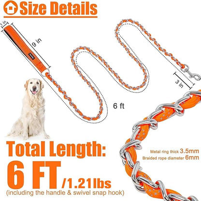 HOMIMP Chew Proof Dog Leash for Medium Large Dogs, Reflective 6 FT Heavy Duty Metal Chain Dog Leashes with Soft Padded Handle, Anti Bite Durable Rope Leashes for Pitbull, Non Chewable