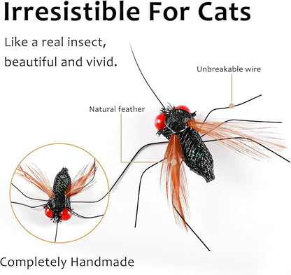 Interactive Cat Toy Bug Toys for Cats 4 Realistic Flying Bugs Cat Wand (4pcs Realistic Bug Refills + 1pc Cat Wand)