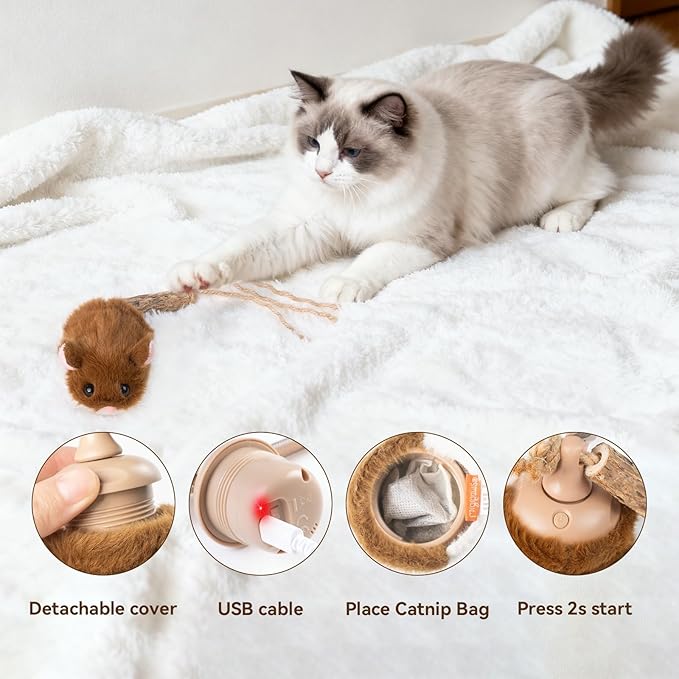 Migipaws Interactive MigiMouse Cat Toy 360° Rolling & Spin with Wiggling Tail for Indoor Cats Smart Motion Sensor, Realistic Squeak, Rechargeable Plush Kitten Toy (Brown)