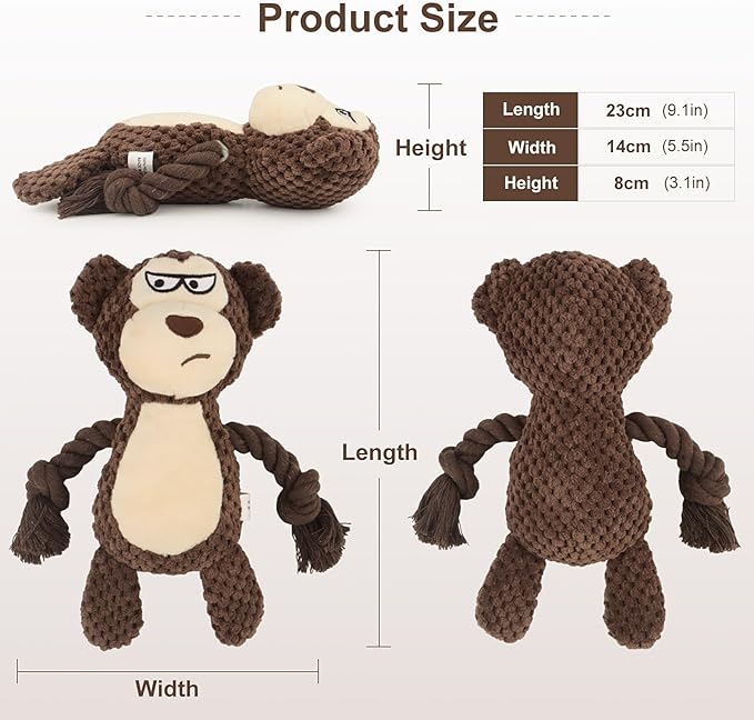 Dog Toys, Dog Squeaker Toys with Crinkle Paper, Stuffed Animal Dog Plush Chewing Toy, Cotton Rope Interactive Toys for Puppy, Small, Middle Dogs (Brown Monkey)
