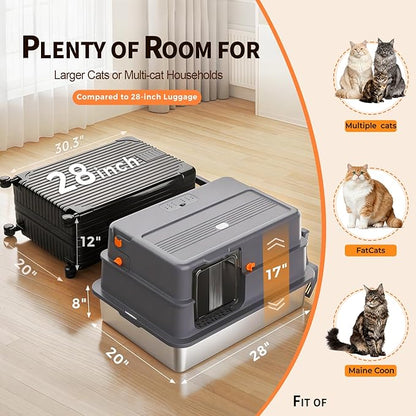 Enclosed XXXXL Stainless Steel Litter Box, 28" L x 20" W x 17" H, Side Entry Extra Large Metal Cat Litter Box with Lid for Big & Multiple Cats, Removable Enclosure, Anti-Leakage,Easy to Clean