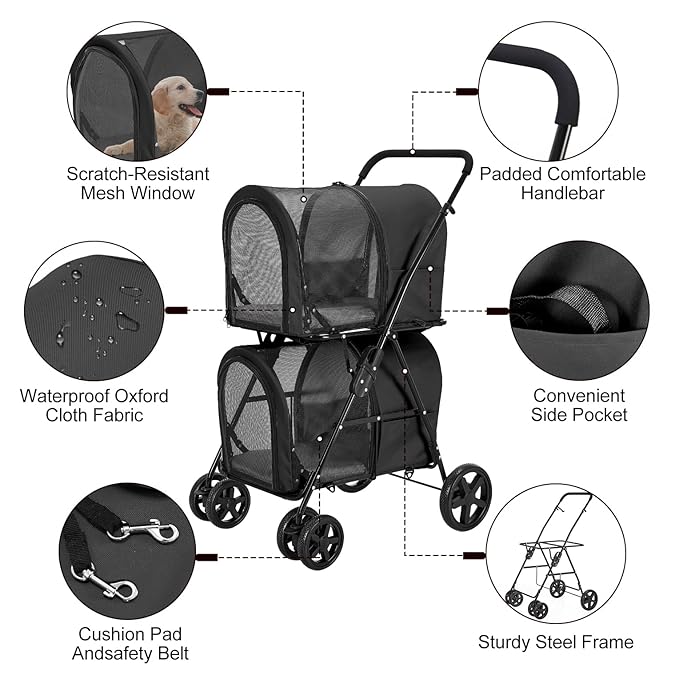 Double Pet Stroller for Dogs and Cats with 2 Detachable Carrier, Quick-Folding Dog Stroller for Medium Small Dogs Cats, 4 Wheels, Black