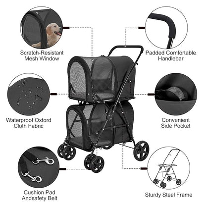 Double Pet Stroller for Dogs and Cats with 2 Detachable Carrier, Quick-Folding Dog Stroller for Medium Small Dogs Cats, 4 Wheels, Black