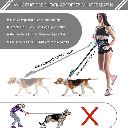 Hands Free Dog Leash with Waist Bag for Medium to Large Dogs, Dual-Handle Reflective Bungee Leash with Poop Bag Dispenser Pouch, Adjustable Waist Belt for Night Walking Jogging Hiking