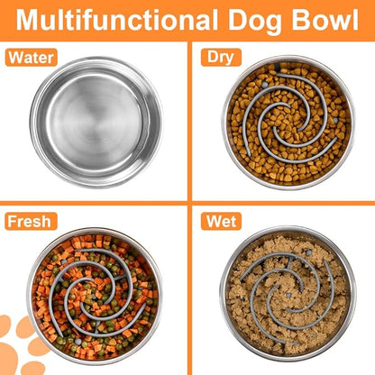 2-in-1 Metal Dog Bowl with Slow Feeder Insert, Stainless Steel Dog Bowls Food Grade 304, Water Food Bowl with Anti-Slip Silicone Base for Small, Medium, Large Breed Dogs