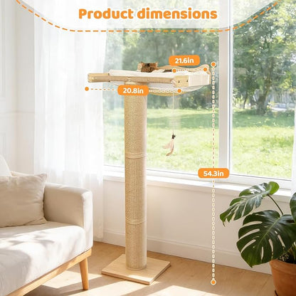 54.3" Cat Window Perch with 3 Adjustable Roman Column Sisal Posts, White Rabbit Fleece Cushions, Drill-Free Suction Cups, Multi-Level Climbing Perch, 60 lbs Capacity