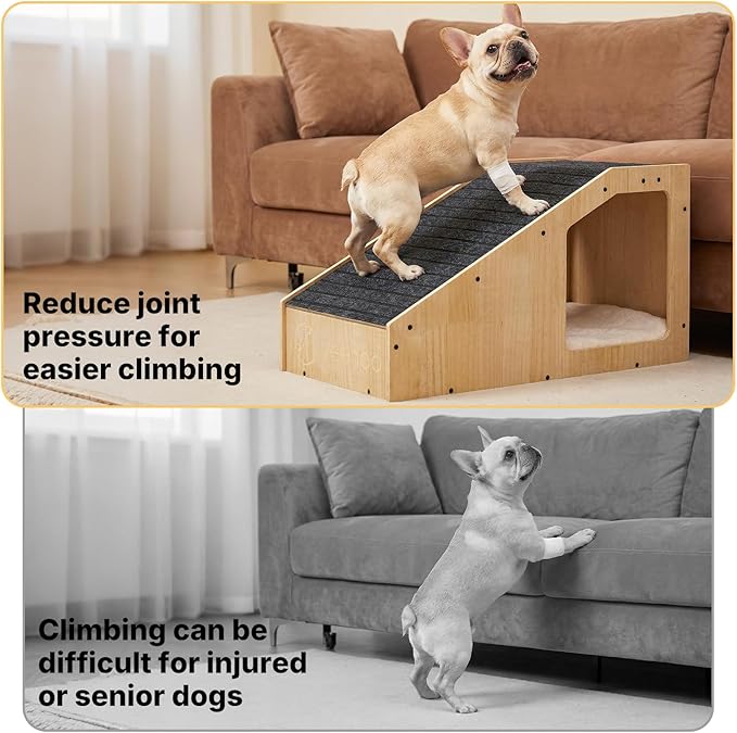 Veehoo Small Dog Ramp for Bed Couch, Wooden Ramps for Dogs to Get on Bed Couch with Cat Cave Condo Non Slip Surface and Bottom Pad, 16" Wide Doggy Stairs Puppy Steps Small Pet Ramp Ladder for Indoor