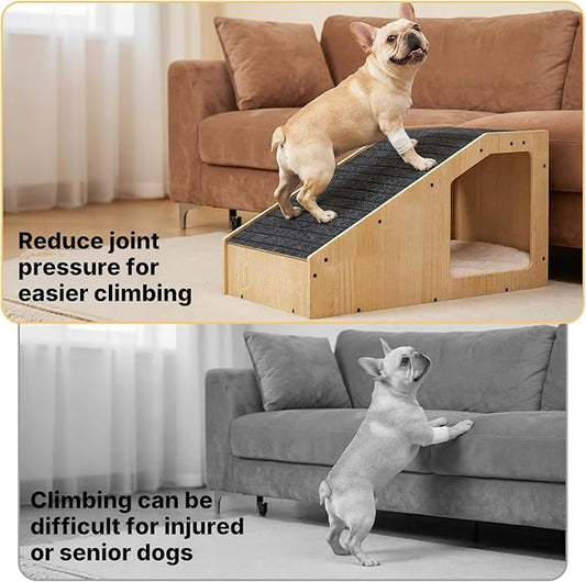 Veehoo Small Dog Ramp for Bed Couch, Wooden Ramps for Dogs to Get on Bed Couch with Cat Cave Condo Non Slip Surface and Bottom Pad, 16" Wide Doggy Stairs Puppy Steps Small Pet Ramp Ladder for Indoor