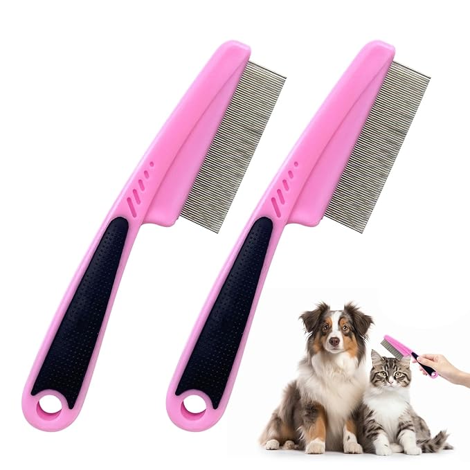 2Pcs Flea Comb for Dogs Cats, Upgrade Multifunctional Pet Comb Pet Hair Removal Flea Comb, Fine Tooth Stainless Cleaning Massage Brush for Dog Cat (Pink)