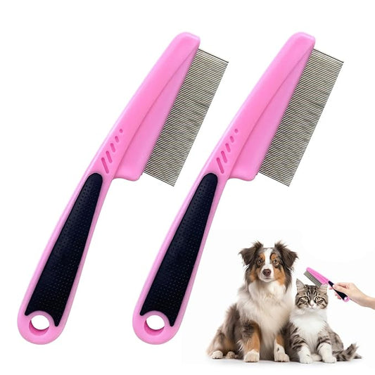 2Pcs Flea Comb for Dogs Cats, Upgrade Multifunctional Pet Comb Pet Hair Removal Flea Comb, Fine Tooth Stainless Cleaning Massage Brush for Dog Cat (Pink)