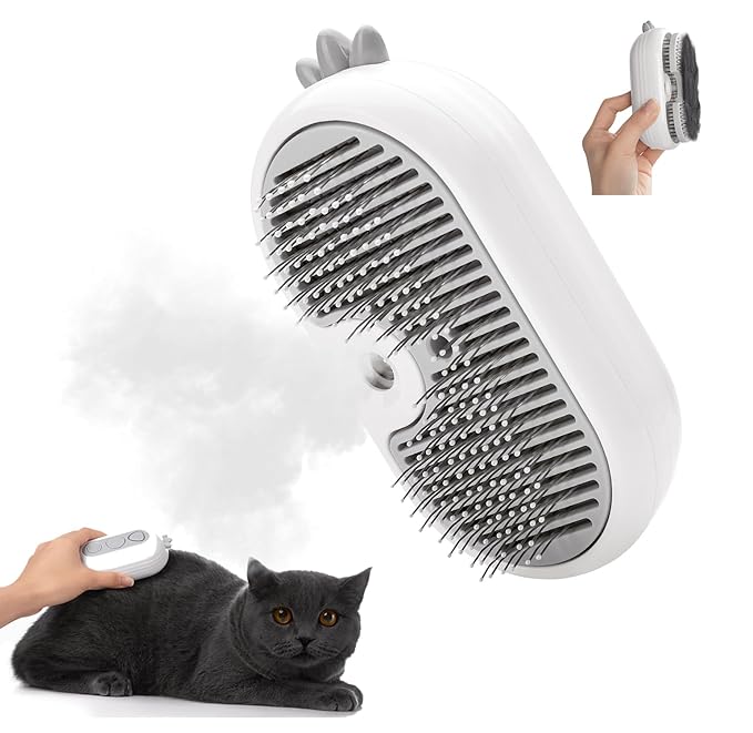 Cat Steam Brush for Shedding,Cat Brushes for Indoor Cats-3-in-1 Self-Cleaning Grooming Tool for Long & Short Haired Cats, Removes Loose Hair & Reduces Shedding,with One-click Cleaning Button (White)