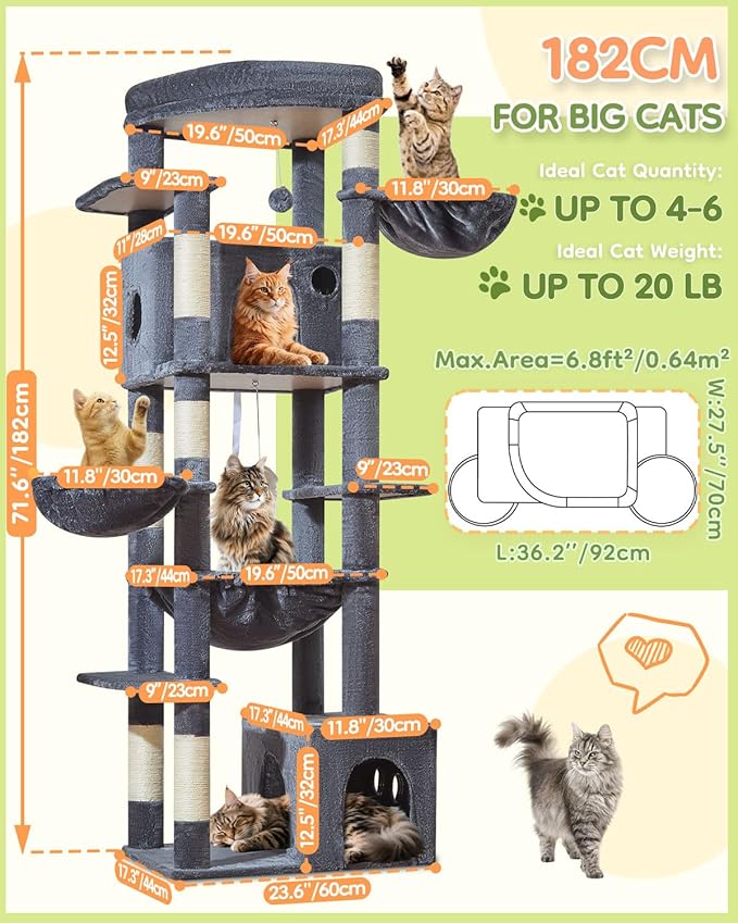 Taoqimiao 72 Inch Cat Tree, XXL Cat Tower for Indoor Cats Large Adult 25Lbs+, Extra-Large Platform, 2 Cat Houses, 7 Scratching Post, Extra-Sized Durable Hammock, Cozy Basket, Smoky Gray, F20G