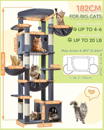 Taoqimiao 72 Inch Cat Tree, XXL Cat Tower for Indoor Cats Large Adult 25Lbs+, Extra-Large Platform, 2 Cat Houses, 7 Scratching Post, Extra-Sized Durable Hammock, Cozy Basket, Smoky Gray, F20G