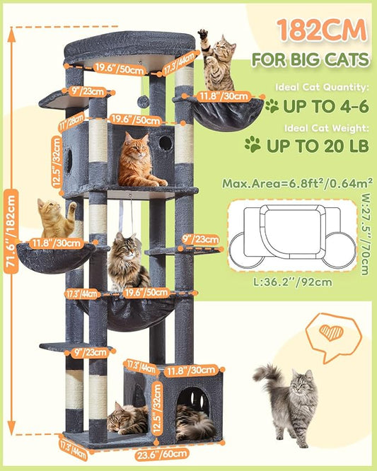 Taoqimiao 72 Inch Cat Tree, XXL Cat Tower for Indoor Cats Large Adult 25Lbs+, Extra-Large Platform, 2 Cat Houses, 7 Scratching Post, Extra-Sized Durable Hammock, Cozy Basket, Smoky Gray, F20G