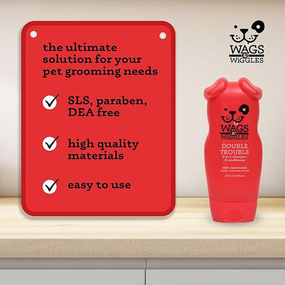 Wags & Wiggles Double Trouble 2-in-1 Dog Shampoo and Conditioner, Fruity Watermelon Scent - Cleansing and Conditioning Formula with Jojoba Oil and Wheat Protein, 16 Fl Oz
